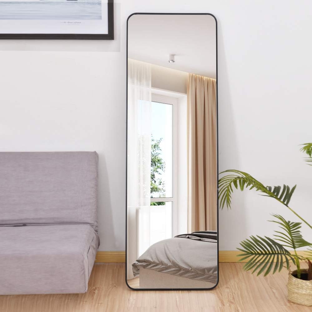 Full Length Mirror, Floor Standing Mirror, Full Body Mirror, Wall Mirror Full Length, Floor Mirror Full Length, Multi-Purpose Standing and Hanging, Aluminum Frame, 65"×22", Black