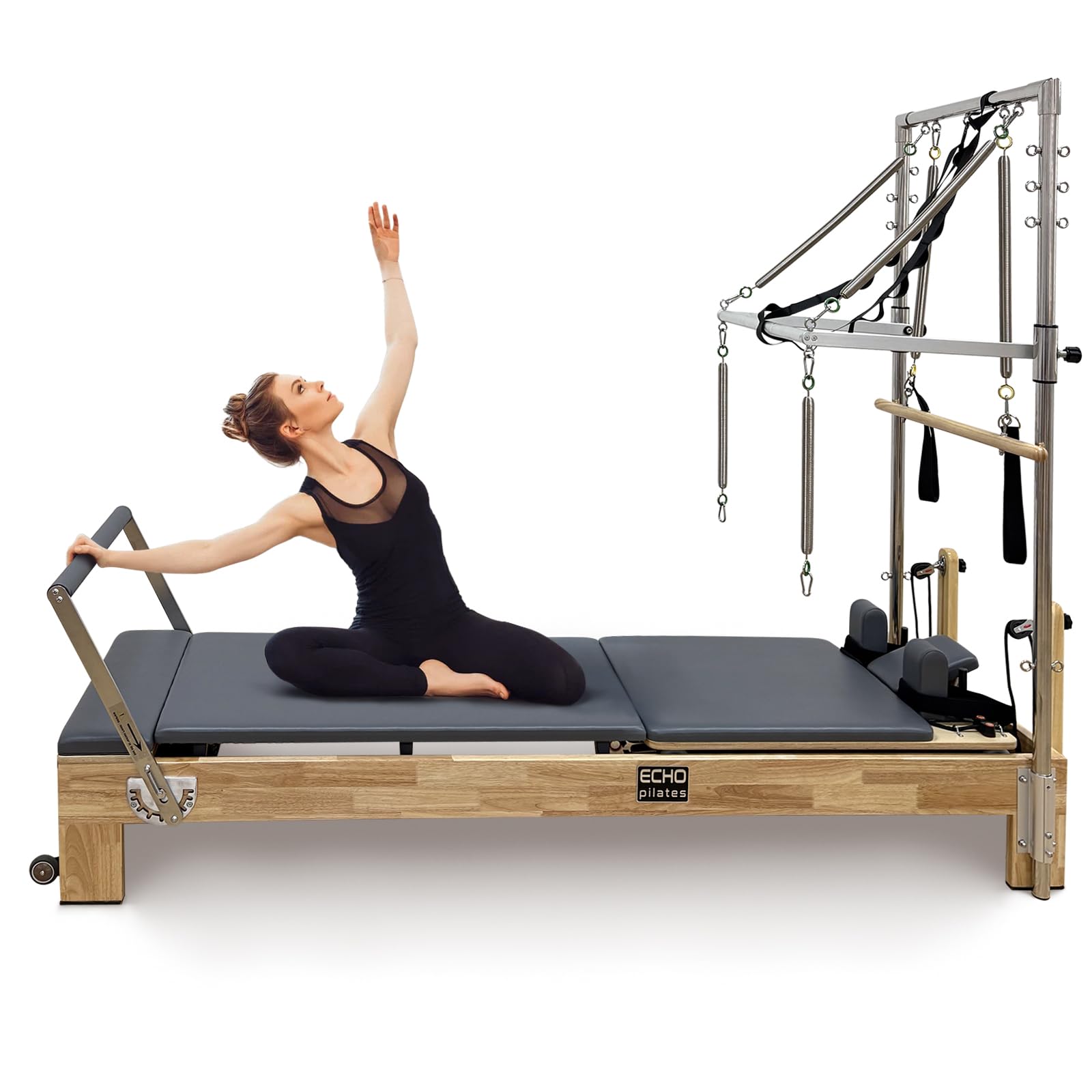 Pilates Reformer, Wooden Pilates Reformer Machine with Springs, Pilates Bed Strength Training Equipment for Home Use and Studio, Pilates Equipment with Reformer Box, Oak