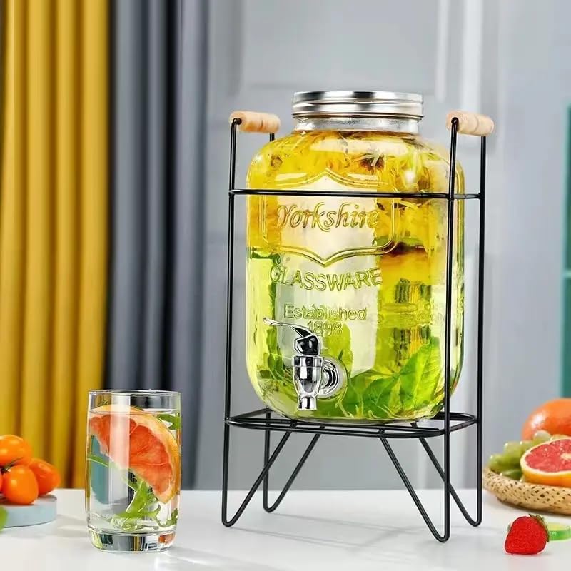Image of 1 Pc 5 LTR Glass Water Beverage Dispenser with Stand - Air Tight Lid Glass Pitcher for Detox Water - Mason Jar - Counter Table Top Juice Water Beer Dispenser for Home Restaurant Party