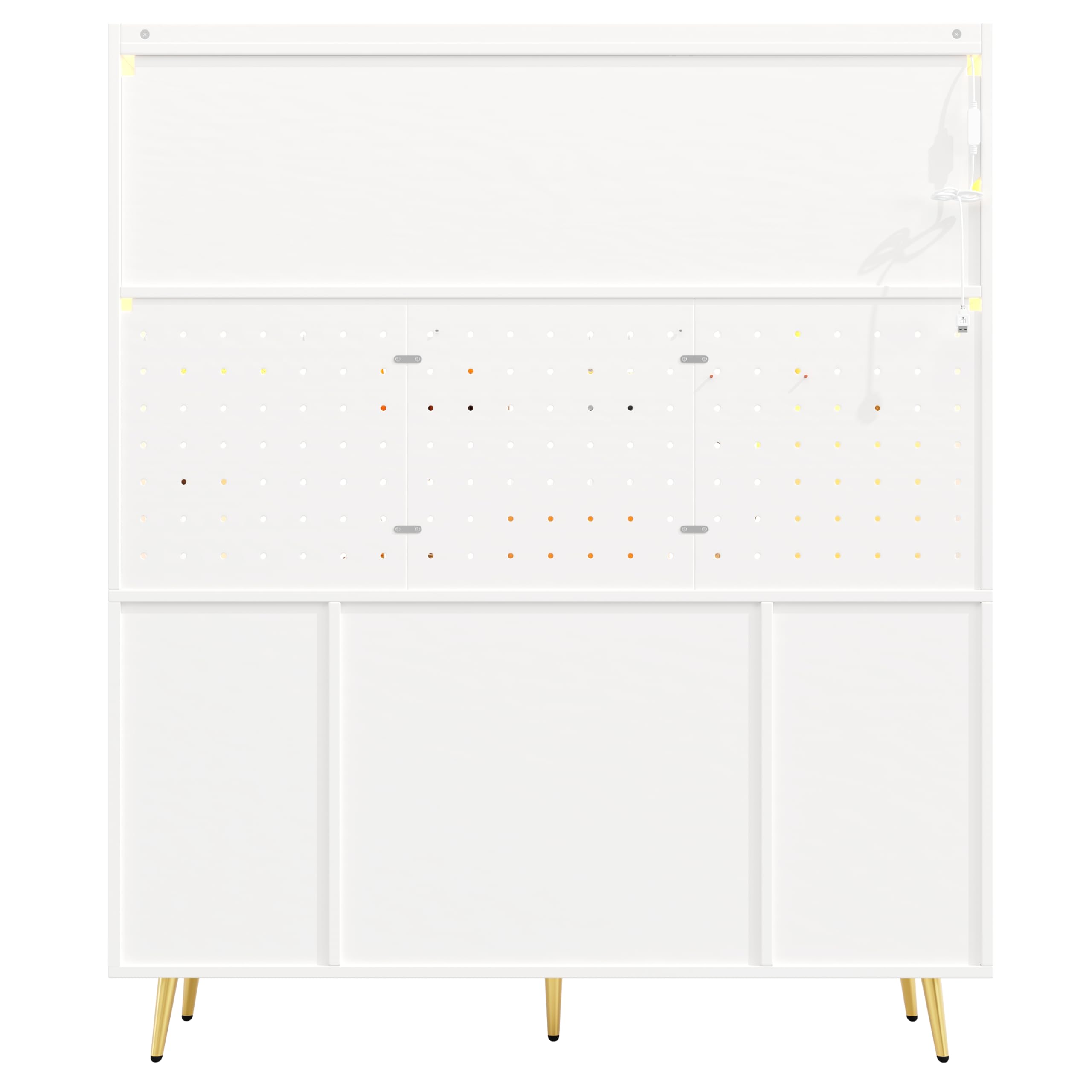 Credenza bianca 145 × 39 × 171 cm, armadio alto per cucina e soggiorno, armadietto con parete forata, cassetto e porta in vetro