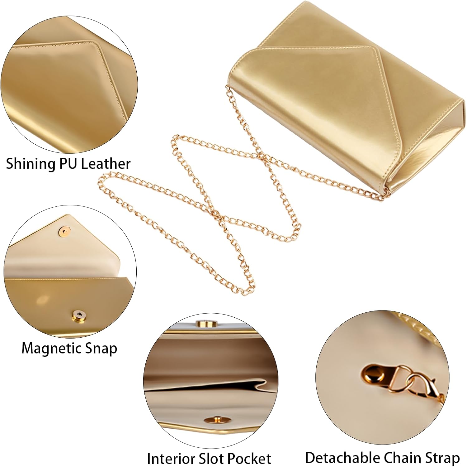 Leather Envelope Evening Bag for Women Patent PU Clutch Purse for Formal Wedding Party Cocktail Prom