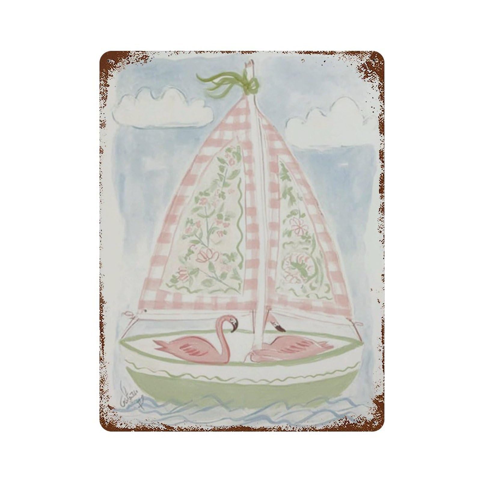 xiaoxiaoshen Cute Watercolor Flamingo Sailboat Pink Gingham Coastal Nursery Wall Decor Art Metal Tin Poster Modern Home Decor Art Home Bar Shop Decorations Vintage Sign 40x30cm