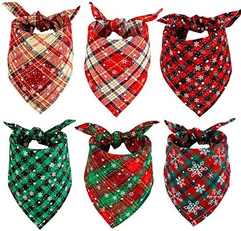 Whaline 6 Pack Christmas Dog Bandanas Reversible Red Green Buffalo Plaid Triangle Bids Snowflakes Pet Scarf Washable Cotton Pet Neckerchief Pet Costume Accessories Decoration for Cats Dogs