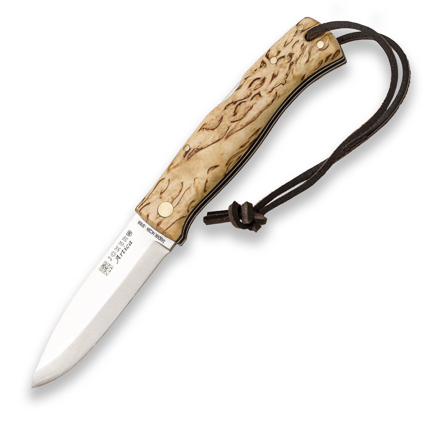 Joker ARTICA 155 folding knife with different handles, 3.14in blade. 14c28n, Scandi grind, fishing, hunting, camping and hiking tool (Curly Birch Handle)