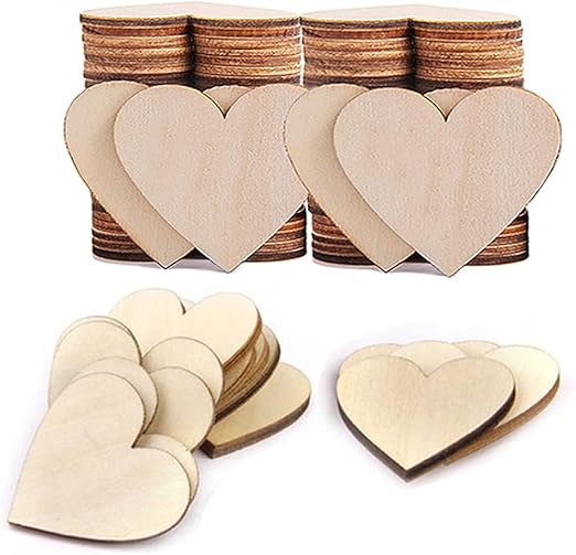 100 Pcs 2 inch Wood Heart Cutouts, Unfinished Blank Wooden Hearts Shapes Wood Slices Tags for Crafts for Wedding Guest Book, Valentine's Day, Thanksgiving, DIY Card Decorations Making