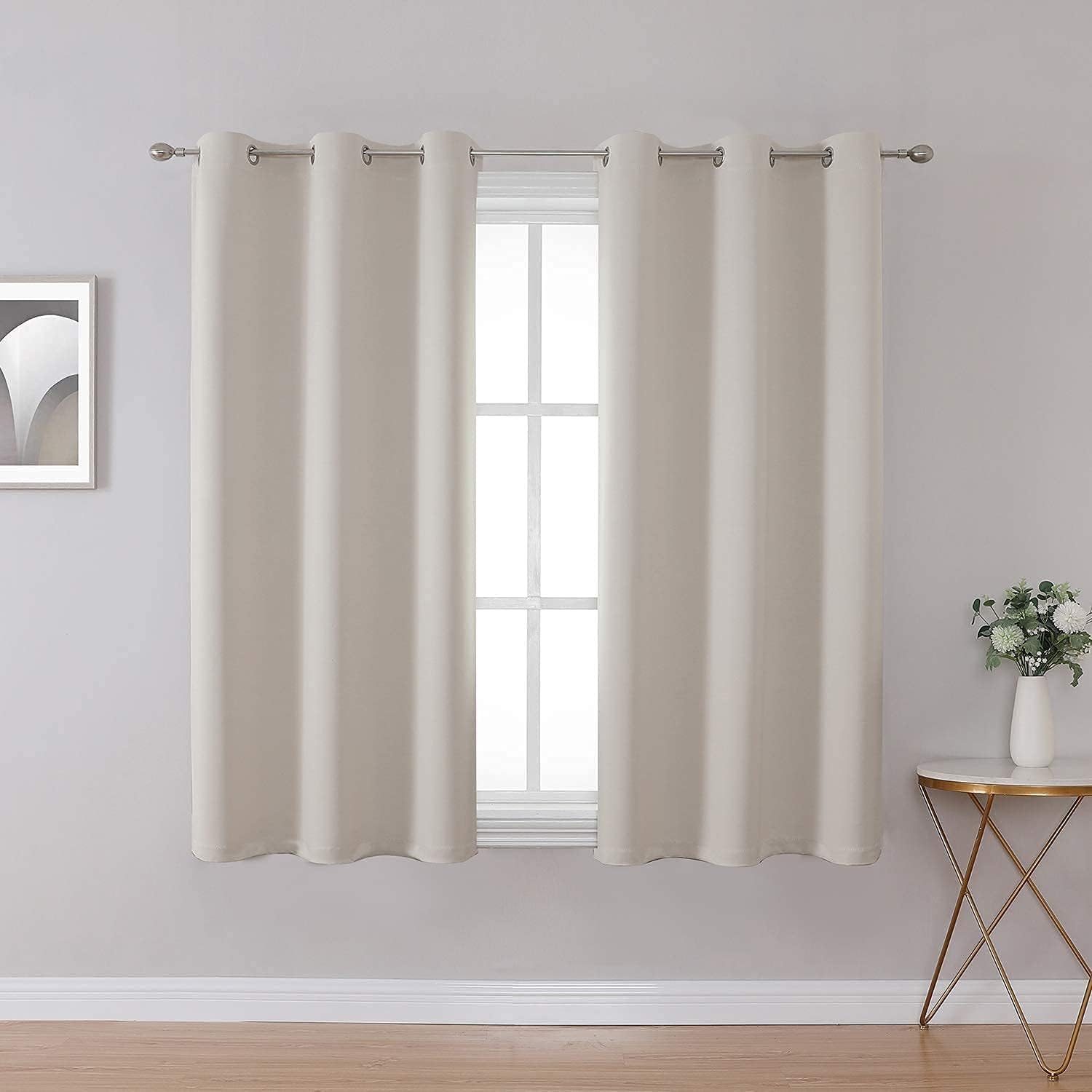 Fire Resistant Curtains - NFPA 701, Grommet Top 2 Panels Light Beige, Room Darkening for Dorm/Classroom, 42x63 Inch