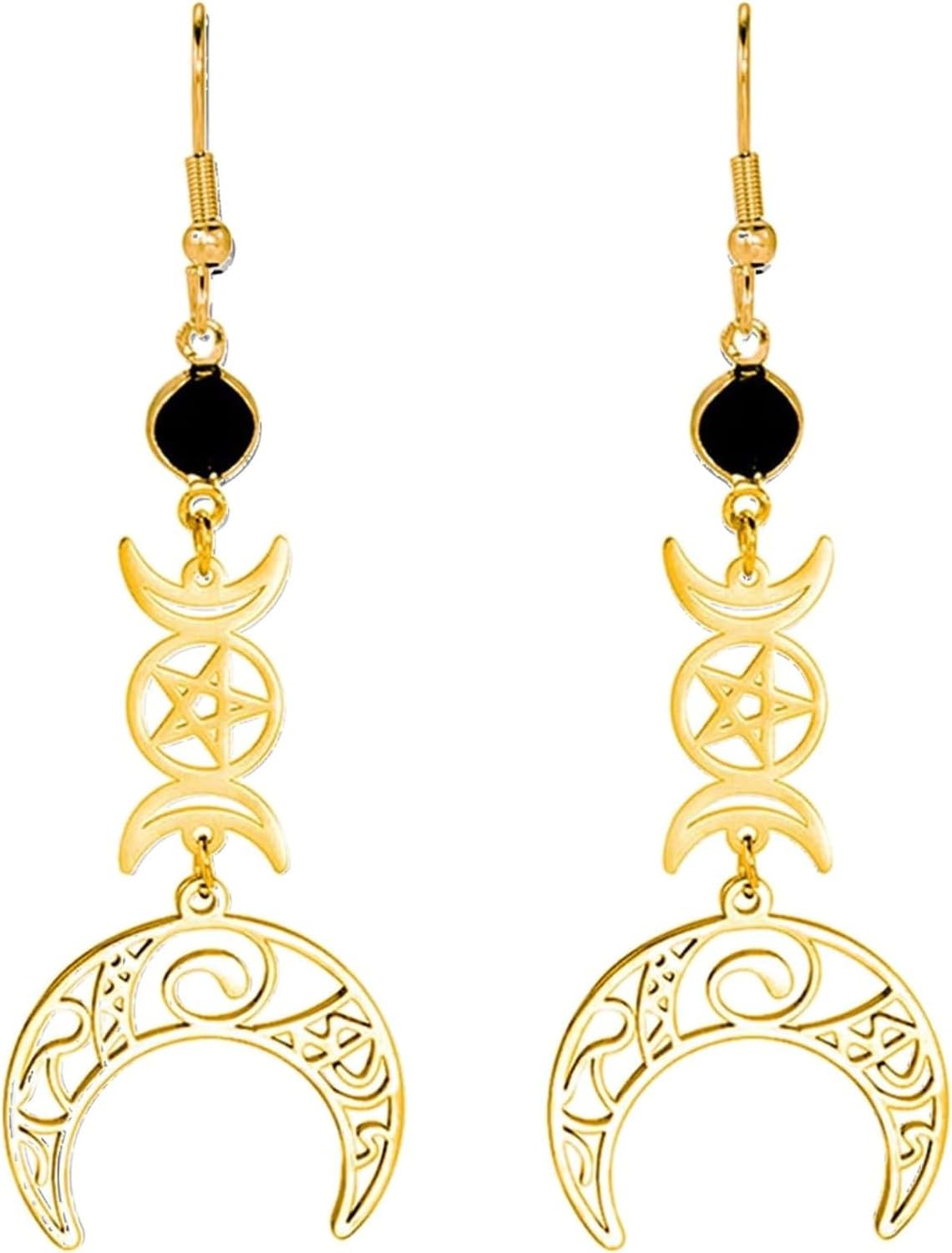 Faozhuo Triple Moon Goddess Pendant Earrings Stainless Steel Pentagram Amulet Pagan Wiccan Magic Jewelry for Women, Gold Triple Moon Goddess Earrings