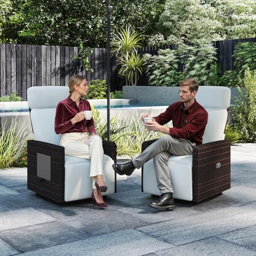 Kinsunny 360° Swivel Outdoor Recliner Chairs Set of 2, Patio Wicker Chaise Lounge Chair with Adjustable Backrest, Flip Table for Patio, Garden, Backyard (Grey, 2 PCS)
