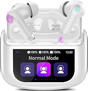 Wireless Earbuds, Bluetooth 5.4 Ear Buds with Multifunctional Touch Screen, 48H Bass Stereo Headphones with ANC/ENC Noise Cancelling/Transparency Mode, IPX7 Earphones with 5 EQ Modes, White