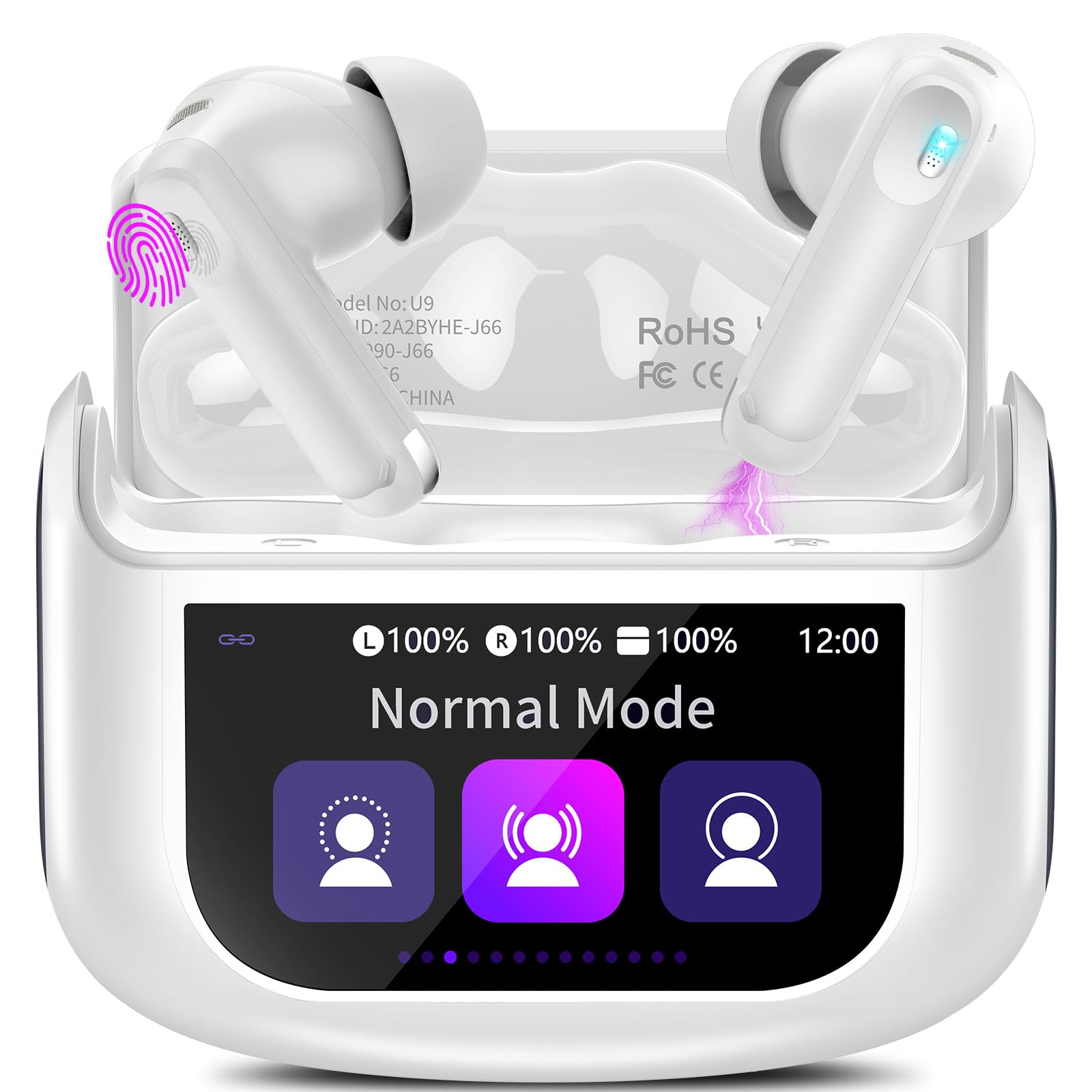 Wireless Earbuds, Bluetooth 5.4 Ear Buds with Multifunctional Touch Screen, 48H Bass Stereo Headphones with ANC/ENC Noise Cancelling/Transparency Mode, IPX7 Earphones with 5 EQ Modes, Ivory White