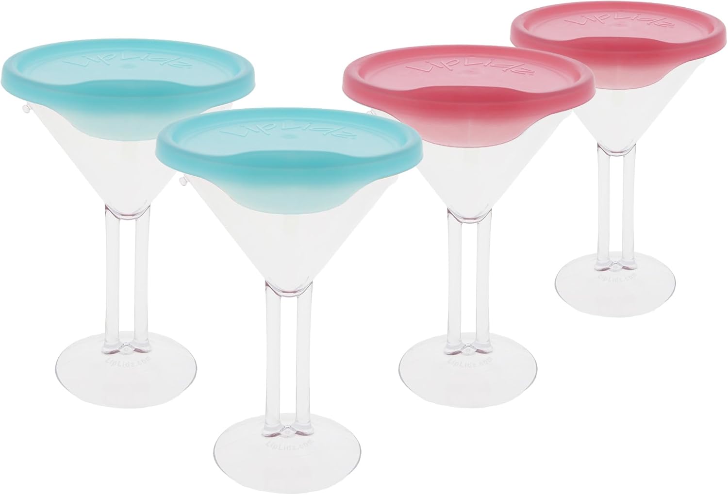 LipLidz - Reusable Martini Glasses, 4 Pack, 10 oz Dual-Stemmed BPA-Free Plastic Drinkware with Lid, Made in USA Stylish Outdoor Cocktail Cups | Keeps Bugs Out Of Your Drink (Aqua + Flamingo)