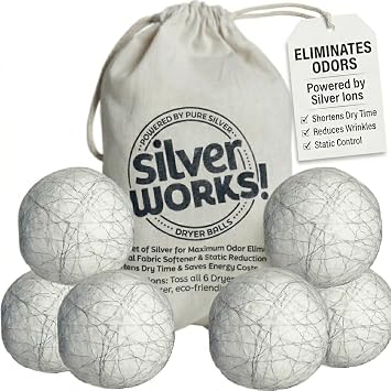 SilverWorks! Wool Dryer Balls Laundry Reusable - Odor Eliminating Dryer Laundry Balls with Silver Technology - Natural Fabric Softener and Static Reducer, Reduce Drying Time and Energy Costs - 6 Pack