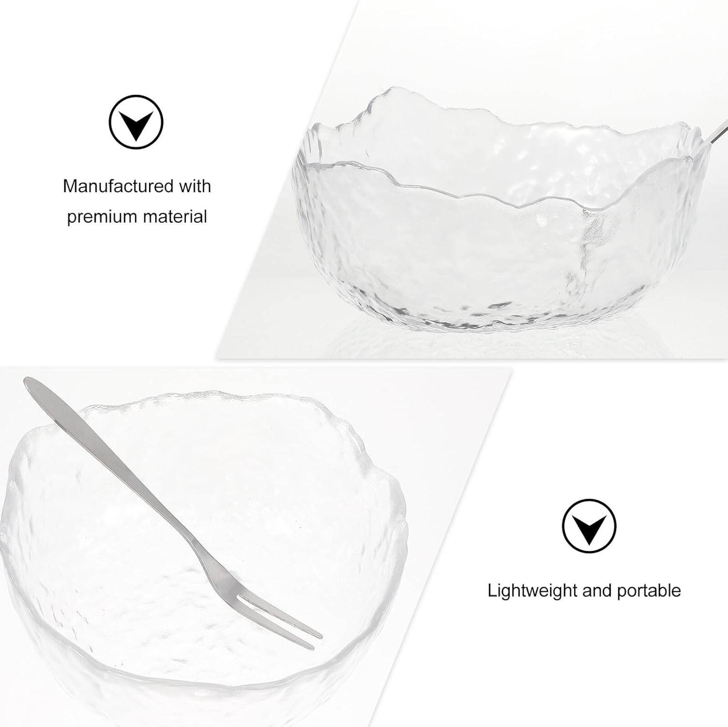 3pcs Glass Salad Bowls with Hammered Texture and 4 Fruit Forks, Kitchen Tableware Set for Serving Salad, Dessert, and Fruit at Home Or Parties