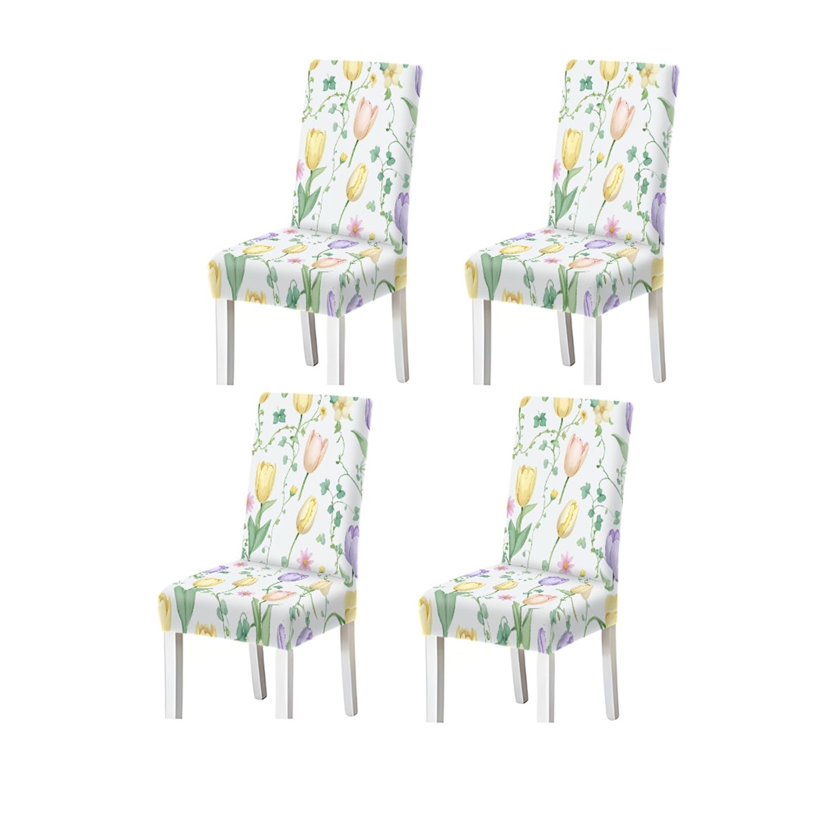 BOSUYBN White Multicolor Tulip Floral Print Dining Chair Covers, Stretch Slipcovers For Home Kitchen Dining Room Party, 2/4/6PCS Furniture Protectors for Home Dining Room(4PCSChair cover)
