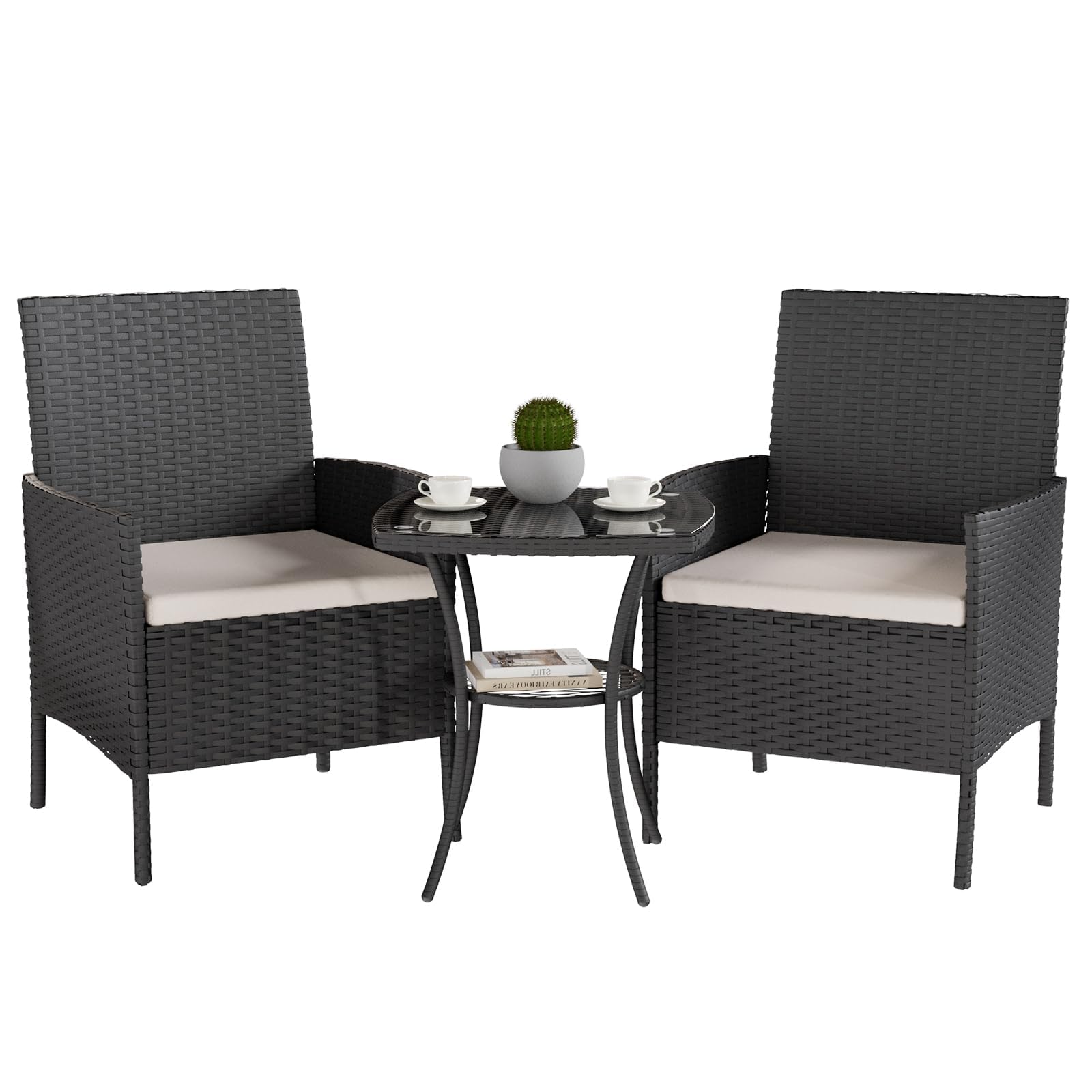 UDPATIO Salotto da Giardino in Rattan, Set Mobili da Giardino 3 Poltrone e Tavolino, Struttura Metallica, Vetro Temperato, Nero