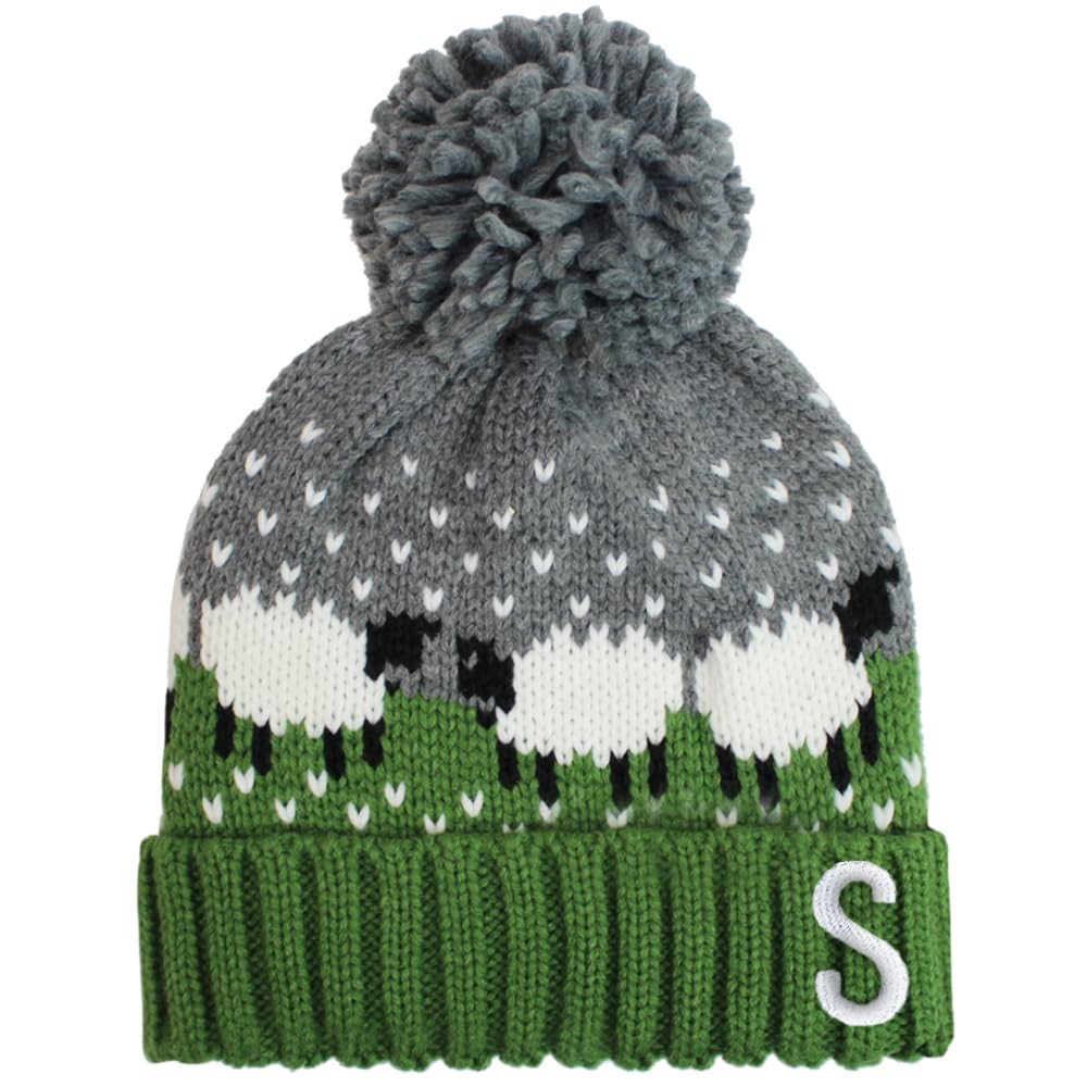 TeddyT's Personalised Initial Women's Sheep Chunky Cable Knit Thermal Bobble Hat (Green)