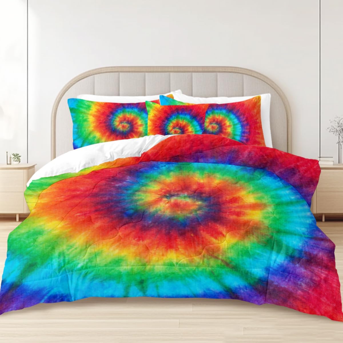 Sleepwish Rainbow Tie Dye Comforter Set Twin Size Colorful Boho Bedding Trippy Hippie Quilt Set 4 Piece with 2 Pillow Shams, 1 Cushion Cover