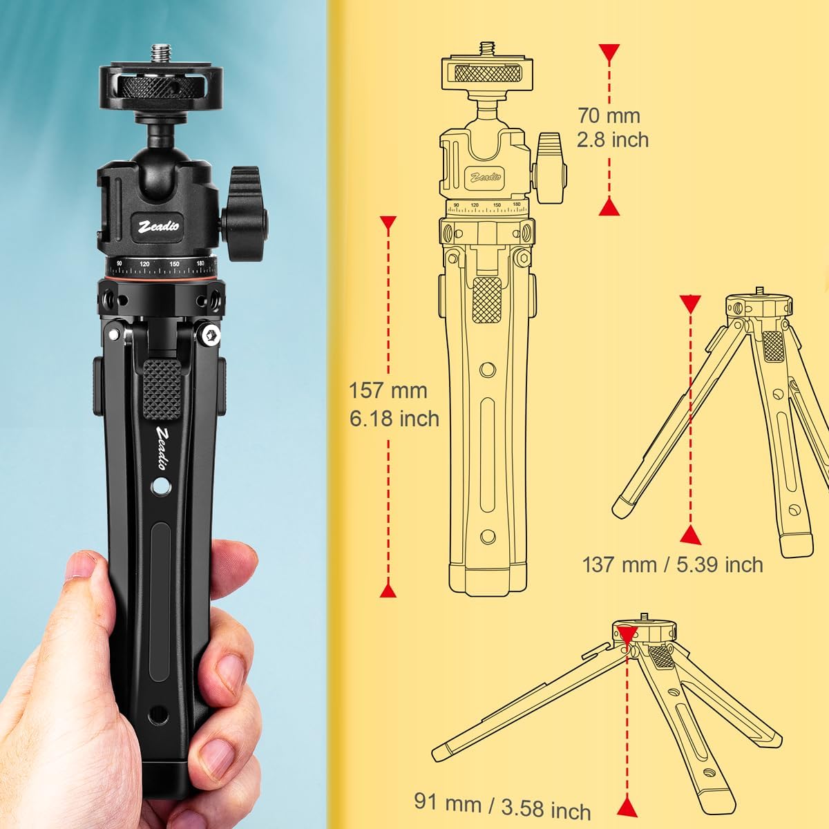 Zeadio Heavy Duty Metal Tripod Kit, Universal 1/4" Screw Adapter Tripod Mount with Phone Holder & Action Cam Adapter for Cell Phone, Camera, Gimbal, Action Cam, Travel Vlogging etc