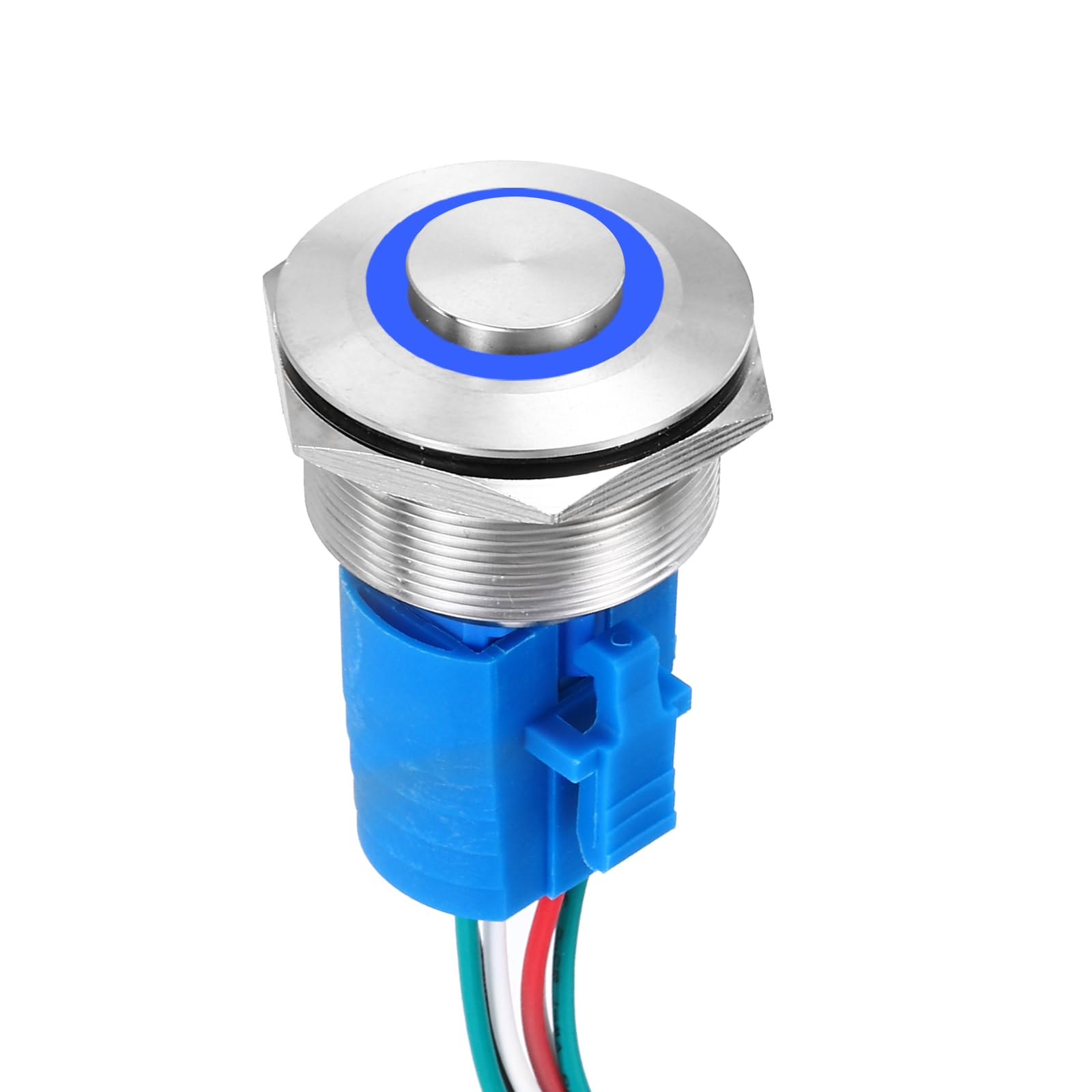 DMiotech 1 3/16 Inch Stainless Steel Momentary Push Button Switch Domed Head 5A 12-24V Silver Shell 6 Pin with Cable Socket Blue Ring LED 1NO1NC for Car Boat Systems Custom Setups