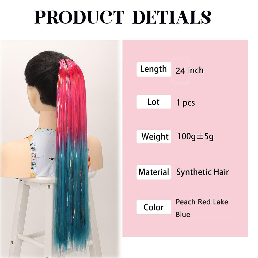 Rainbow Ponytail Extensions with Elastic Tie Glitter Mermaid Coloured Hair Extensions for Braiding Soft Natural Looking Pony Tail hairpiece for Girl Women Cosplay Party (Peach Red Lake Blue) - Image 2