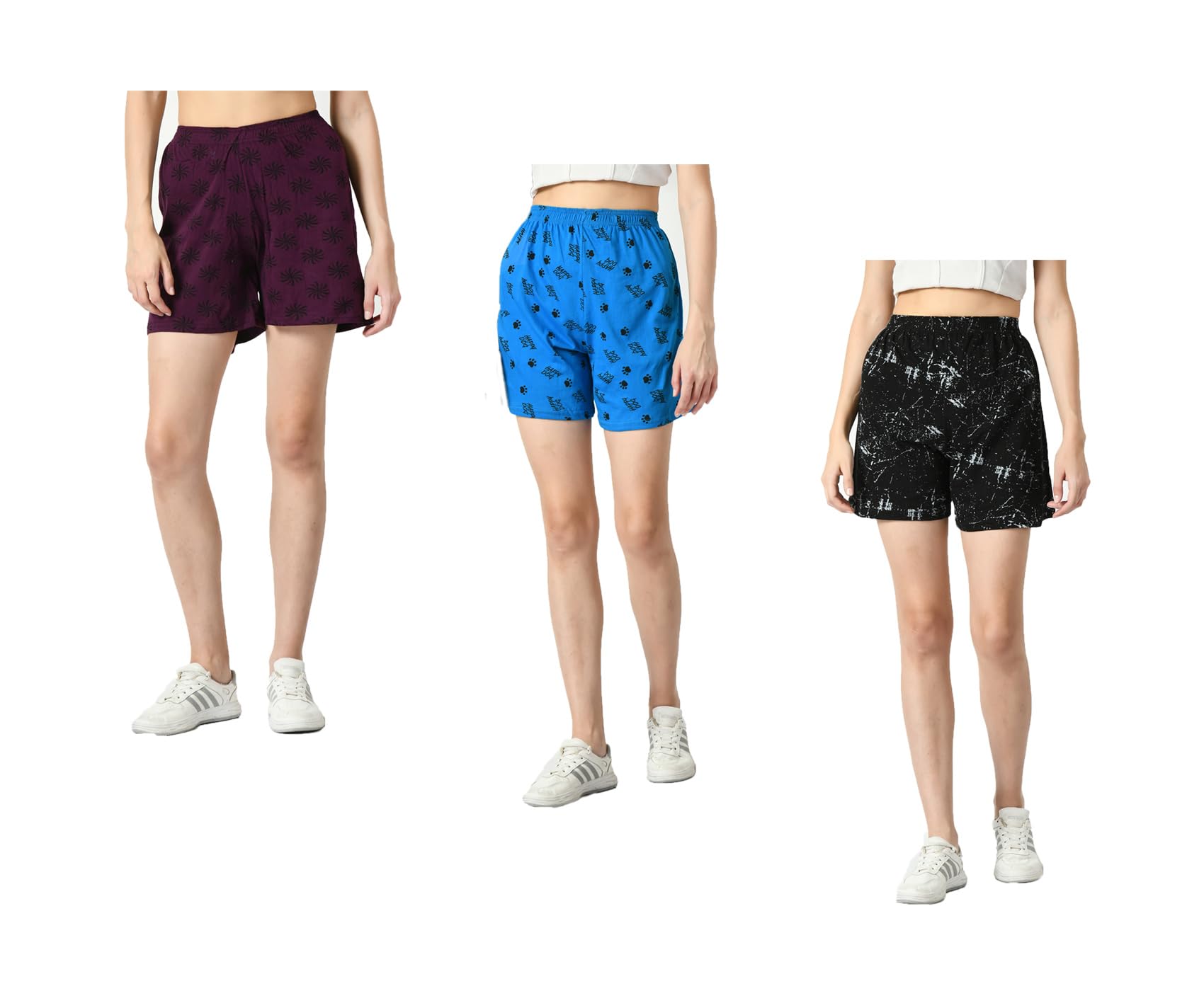 kayu Pack of 3 Women’s Cotton Printed Shorts Comfortable Elastic Waist Casual Lounge Summer Shorts for Women Purple, Blue, Black-picture-7