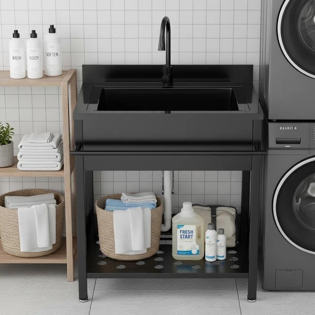 Stainless Steel Utility Sink, 39 Inch Single Bowl Kitchen Sink with Cold Hot Water Pipe Standard P-trap Drainge for Laundry Room Pet Care Farmhouse （Black)