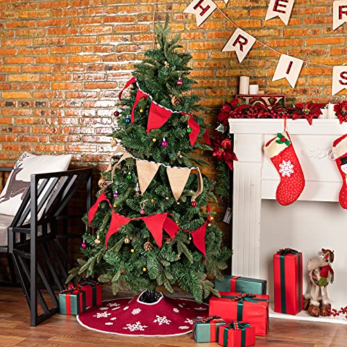 Macting Burlap Tree Skirt, 36 Inches Red Christmas Countryside Tree Skirt With White Snowflake Printed For Xmas, New Year, Holiday Indoor Outdoor Decoration #TOP4