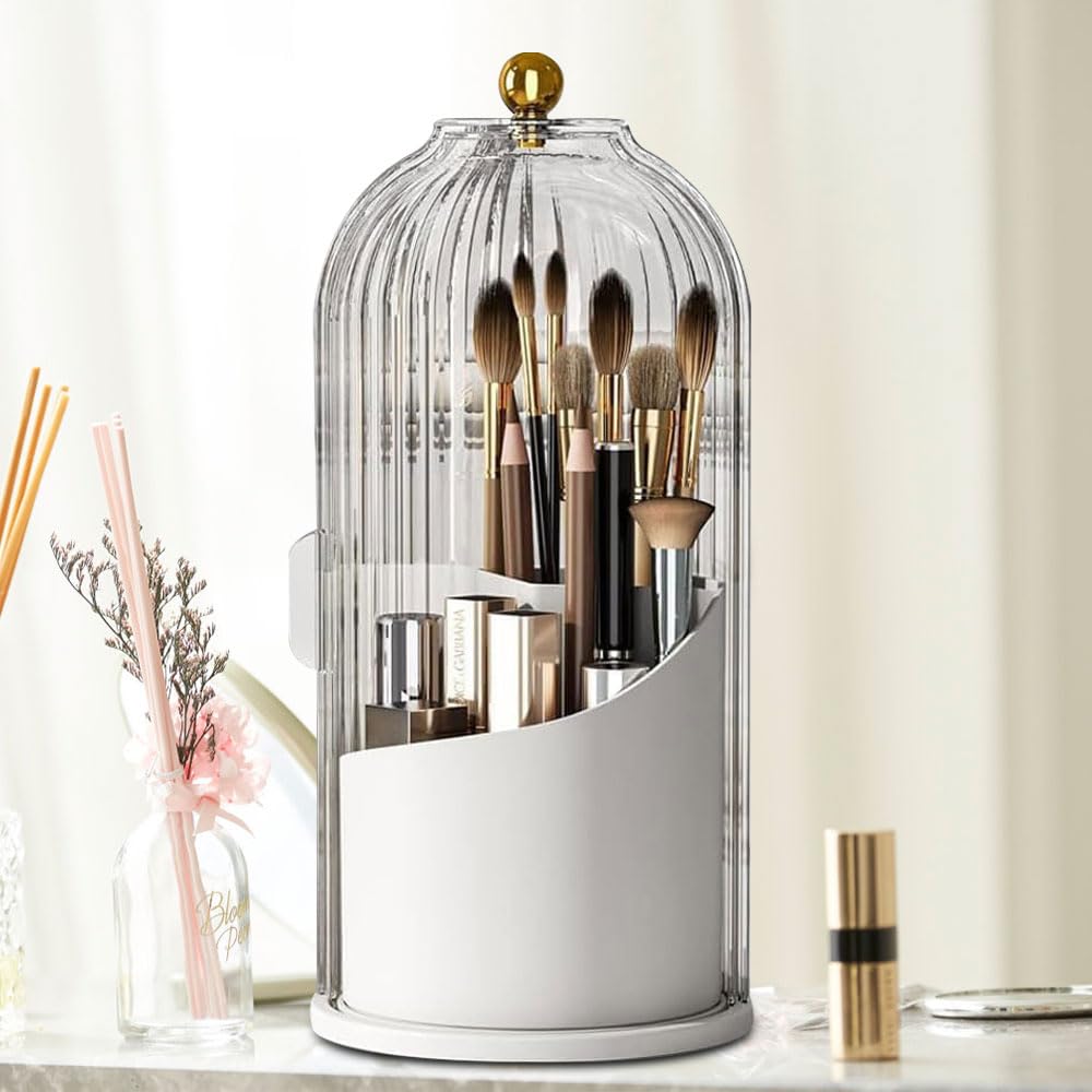 Relland Makeup Brush Holder Organizer with Dustproof Lid 360 Rotating Make up Organiser Sliding Opening for Vanity,Desk（Transparent）