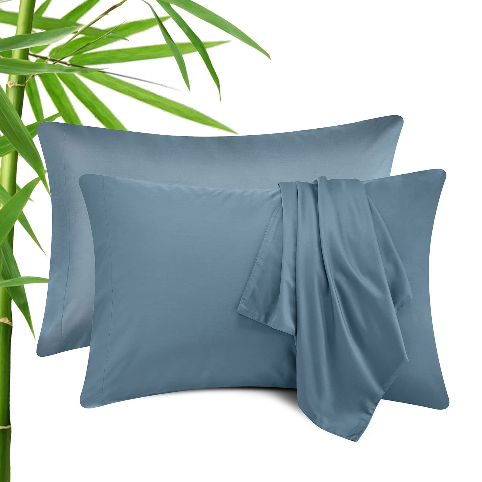 CozyLux Cooling Pillowcases Bamboo-Rayon Pillow Cases Set of 2 Queen Size Oeko-Tex Pillow Case Soft Silky Pillow Covers Moisture Wicking Envelope Closure Blue 20"x40"