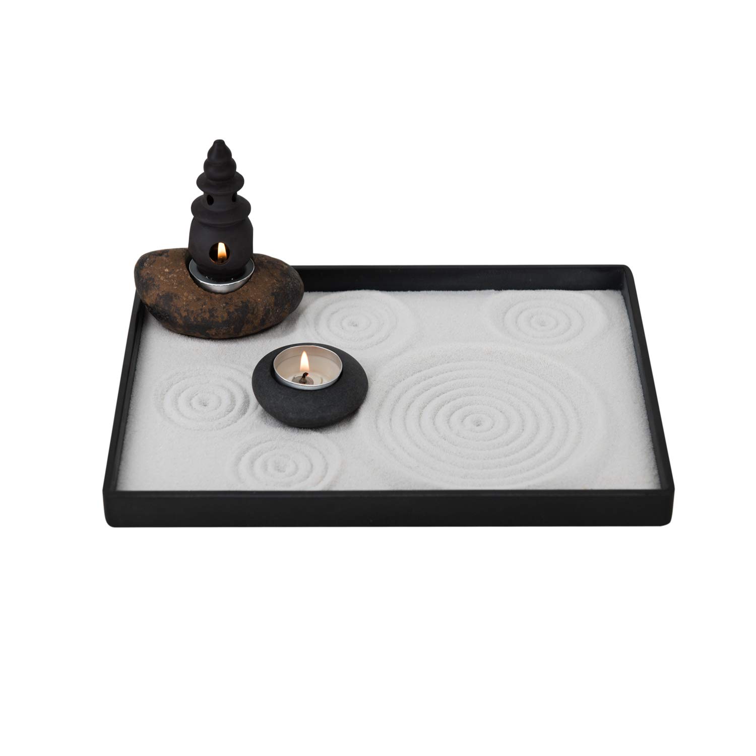 ICNBUYS Juego de portavelas de jardín zen hecho a mano, con herramientas de jardín zen, arena, bandeja base y accesorios
