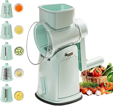 Rotary Cheese Grater, 5 in 1 Grater Vegetable Slicer with 10 Interchangeable Blades and Hidden Storage Box, Rotary Grater Slicer Hand Crank for Fruit, Vegetables, Nuts Green 10 blades