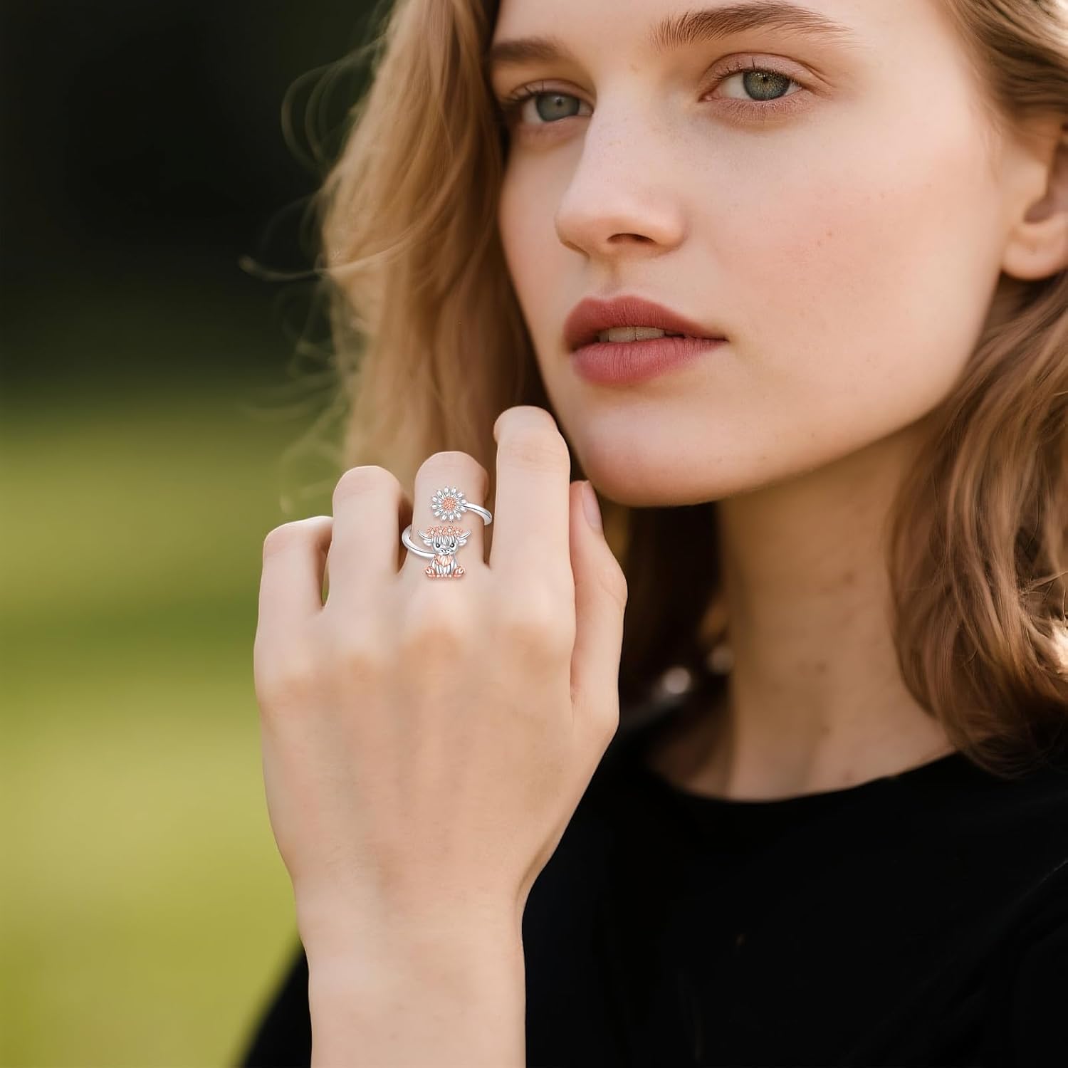 Highland Cow Ring 925 Sterling Silver Highland Cow Gifts Adjustable Open Daisy Ring Jewelry Gift for Women