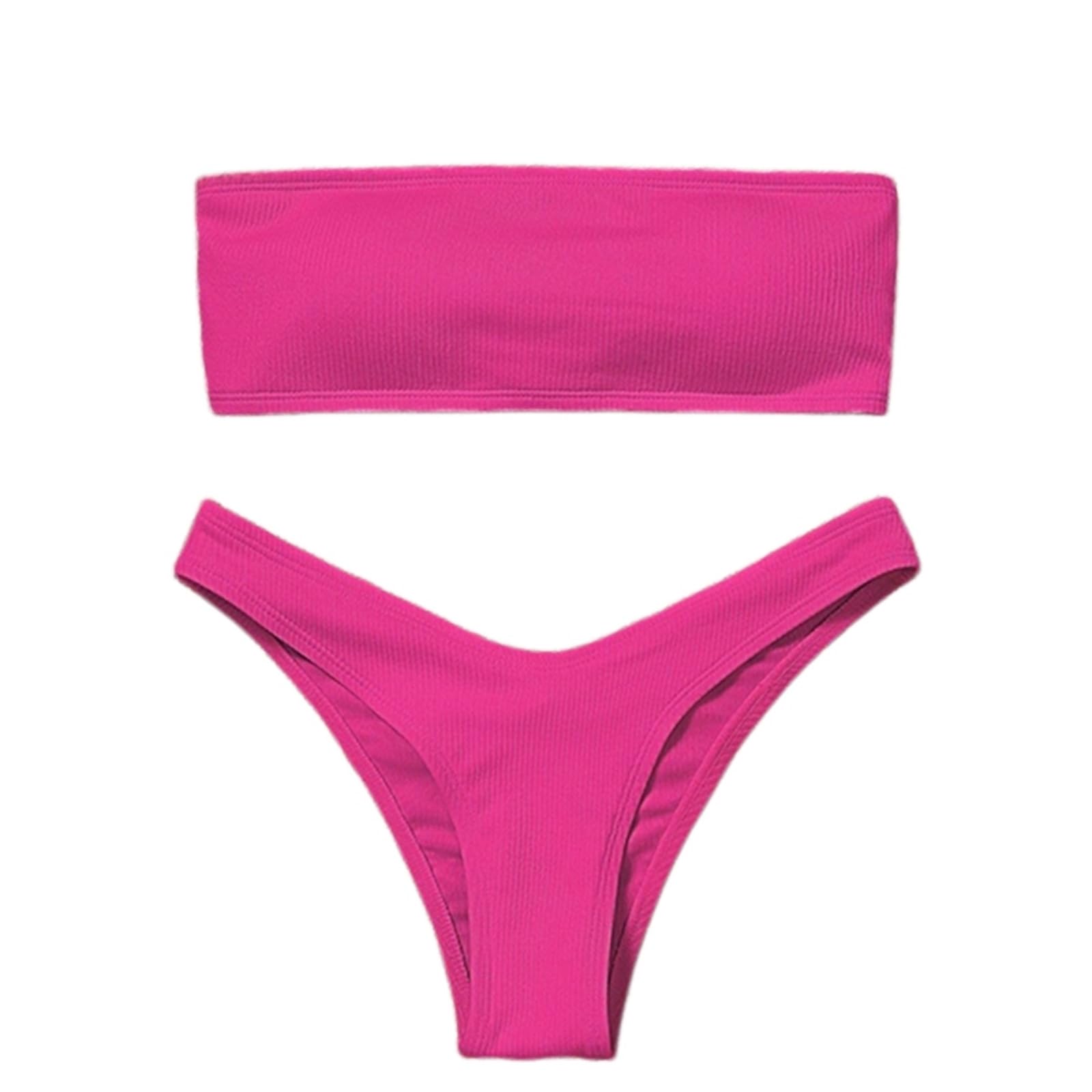 Bikini Donna Donne Textured Bandeau Set Alta Taglio Due Pezzi Costume da Bagno Abbigliamento Spiaggia-Pink-s