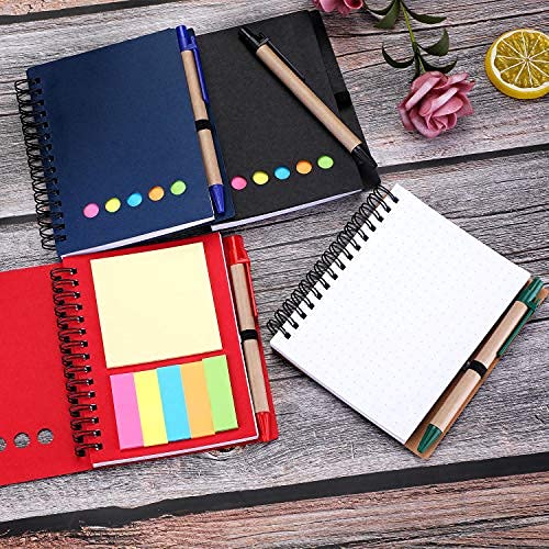 Gejoy 4 Pieces Spiral Notebook Dot Grid Notepad with Pen in Holder, Sticky Notes and Page Marker Colored Index Tabs Flags, 4 Colors Cover