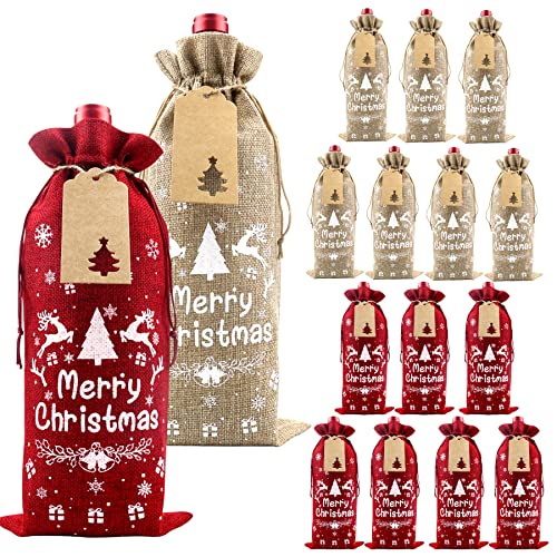 16 Stück Sackleinen Weinbeutel mit Kordelzug, Jute Weinflaschenabdeckung mit Seilen und Anhängern, Wiederverwendbare Weingeschenkbeutel für Weihnachten Hochzeit Geburtstag Party (B-16 Mix) Cover