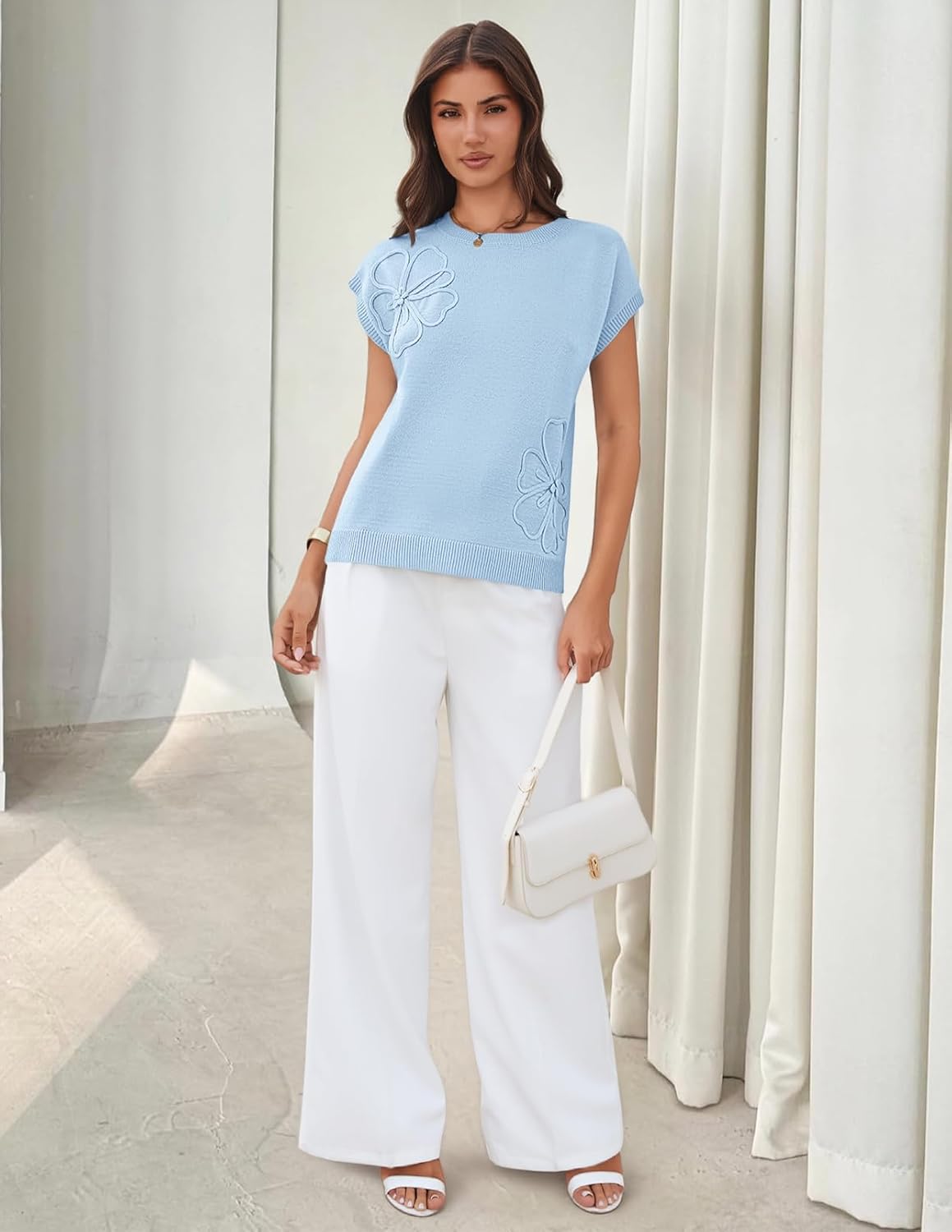 MEROKEETY Women's Spring Short Sleeve Sweater Vest Flower Knit Loose Pullover Tank Tops 2026 Trendy Summer Cute Clothing