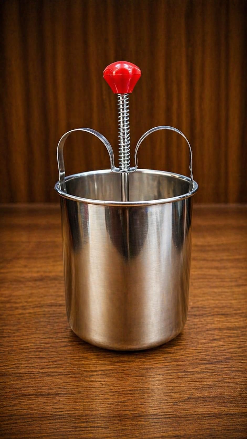 Stainless Steel Butter Churner with Spring Plunger and Red Handle, Traditional Lassi Maker (Pack of 1) 1