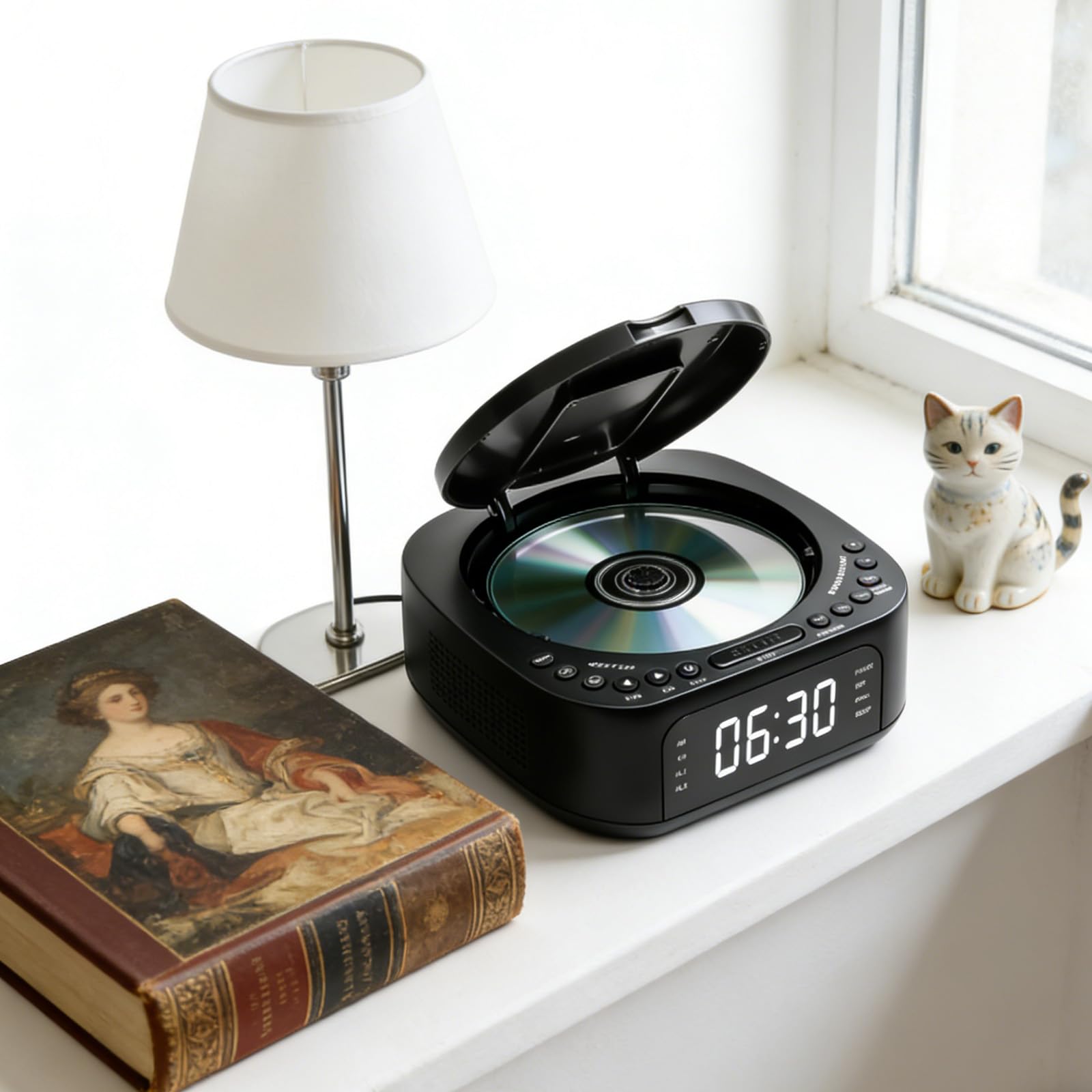 Lecteur CD portable avec Bluetooth, radio FM, lecteur CD MP3 avec double haut-parleur stéréo, réveil, SleepTimer, lecteur CD rechargeable, prend en charge USB/AUX, grand écran, télécommande, noir