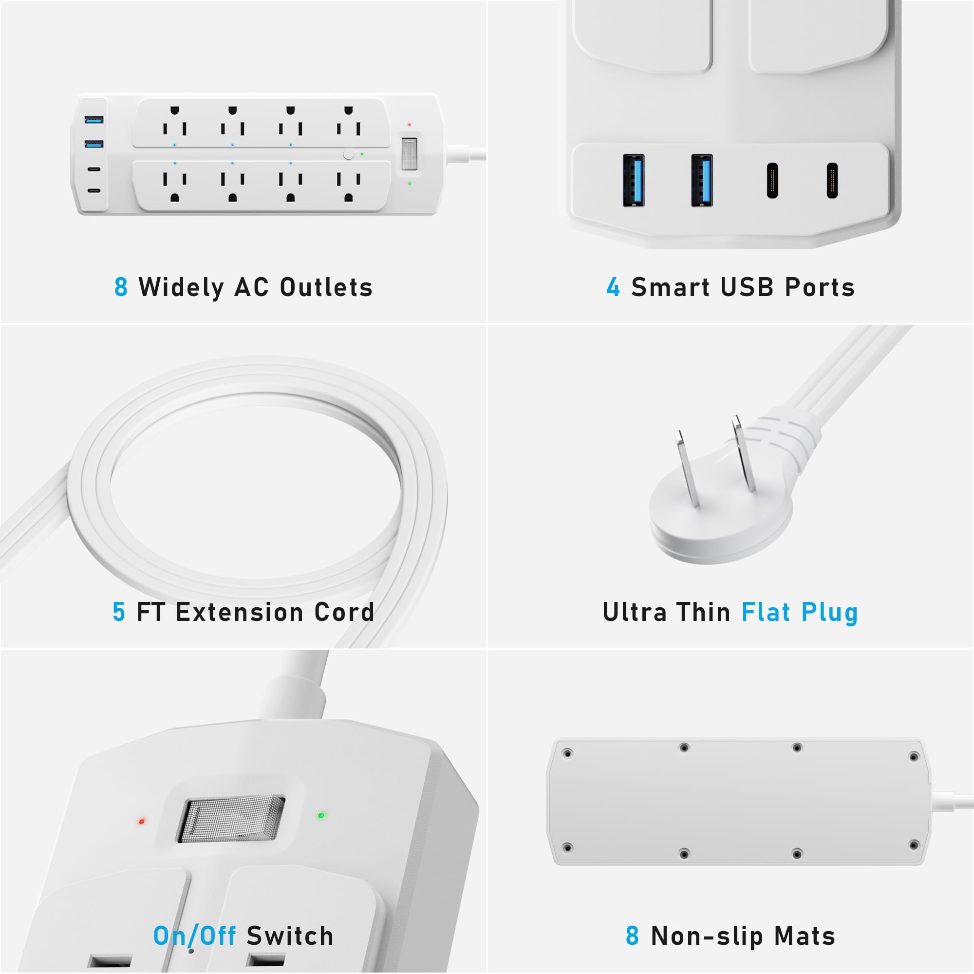 Yozisital - Regleta inteligente de 2 clavijas, adaptador de salida de 2 clavijas a 3 clavijas, protector de sobretensiones WiFi de 2000J, cable de extensión de enchufe plano de 5 pies con 8