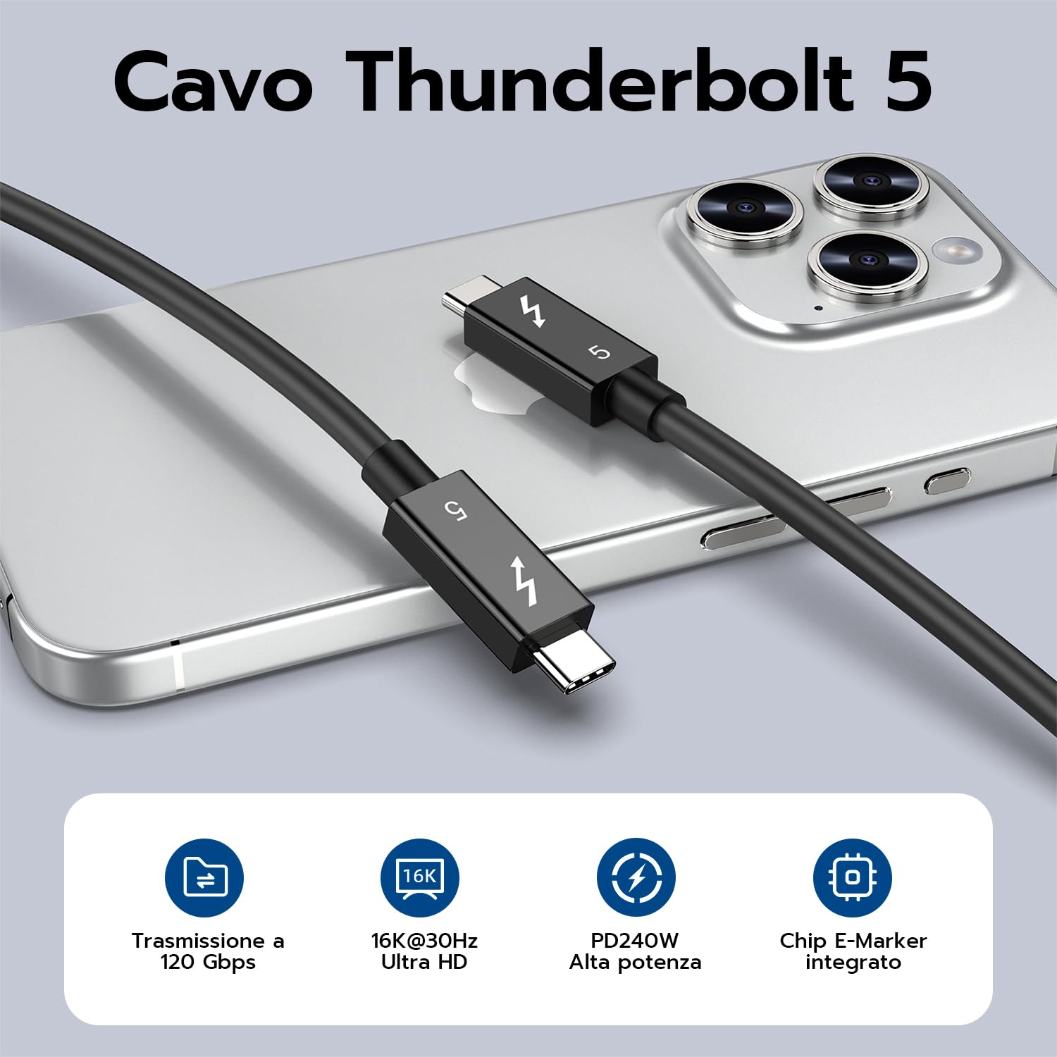 Mcbazel Cavo Thunderbolt 5 con 80Gbps Trasferimento dei Dati, 120 Gbps Larghezza di Banda e Ricarica da 240W, Supporto 6K/8K, Compatibile con Thunderbolt 3 e 4, USB 4 e USB-C, 1M