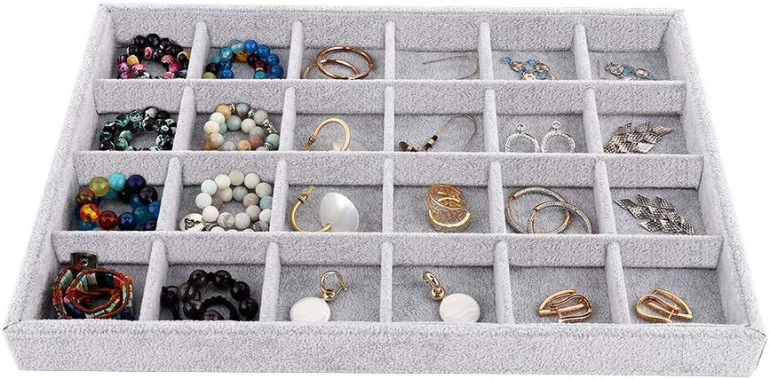 Emibele Jewelry Necklace Bracelets Earrings Organizer, 24 Grids Velvet Tray | Showcase Display Velvet Stackable Jewelry Storage Tray with Detachable Inner Dividers, Greay