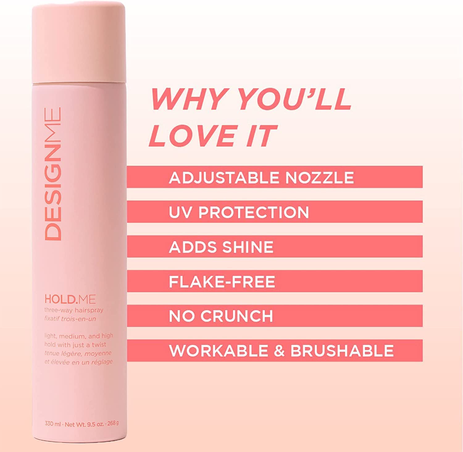 HOLD.ME Three-Way Hairspray by DESIGNME | Hairspray with Light, Medium, & High Hold Options | Extra Hold Hair Spray with Thermal Protectors & Vitamin B5 | Scented Hair Setting Spray, (9.5 Oz)