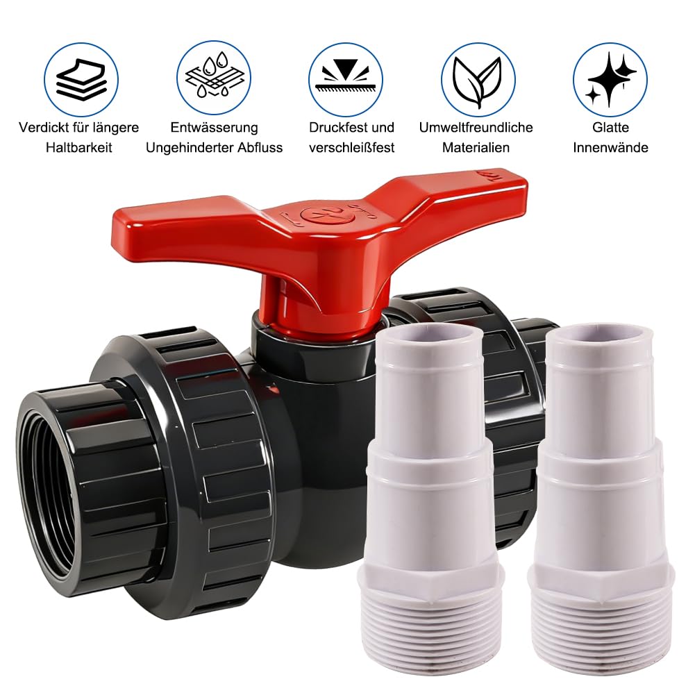 Robinet à boisseau sphérique de 50 mm avec raccord de tuyau – Kit robinet d'arrêt de piscine en PVC | Comprend 1 robinet d'arrêt 1 1/2", 2 raccords de tuyau de piscine 32-38 mm, 4 colliers de serrage