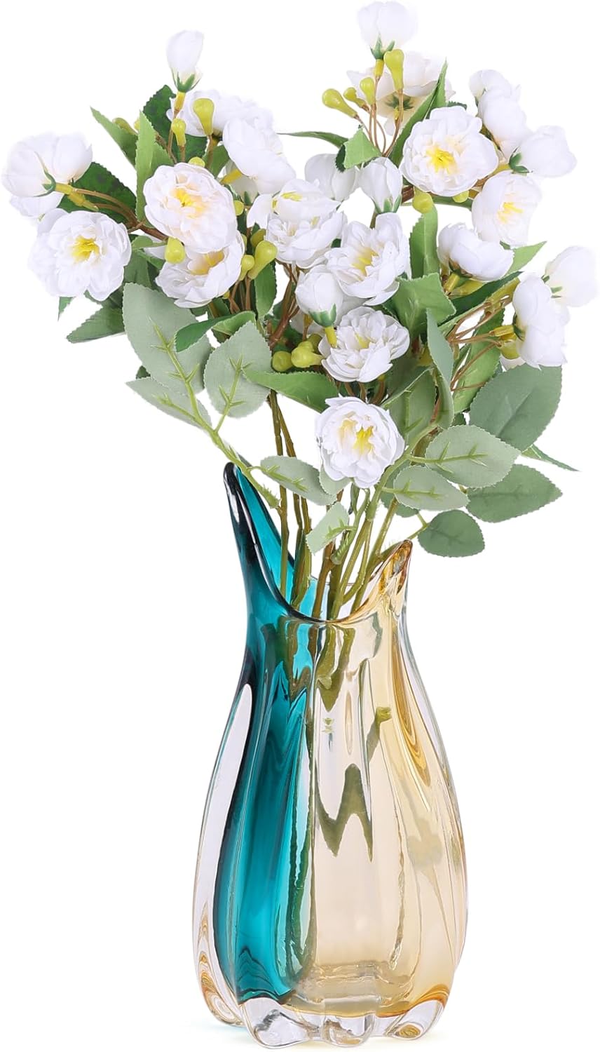 Hand Blown Glass Vase, Medium Wide Mouth Flower Vase Unique Modern Turquoise Glass Art Decor, Nonbreakable Vases for Table Centerpieces Living Room Decorative Amber and Teal Vase