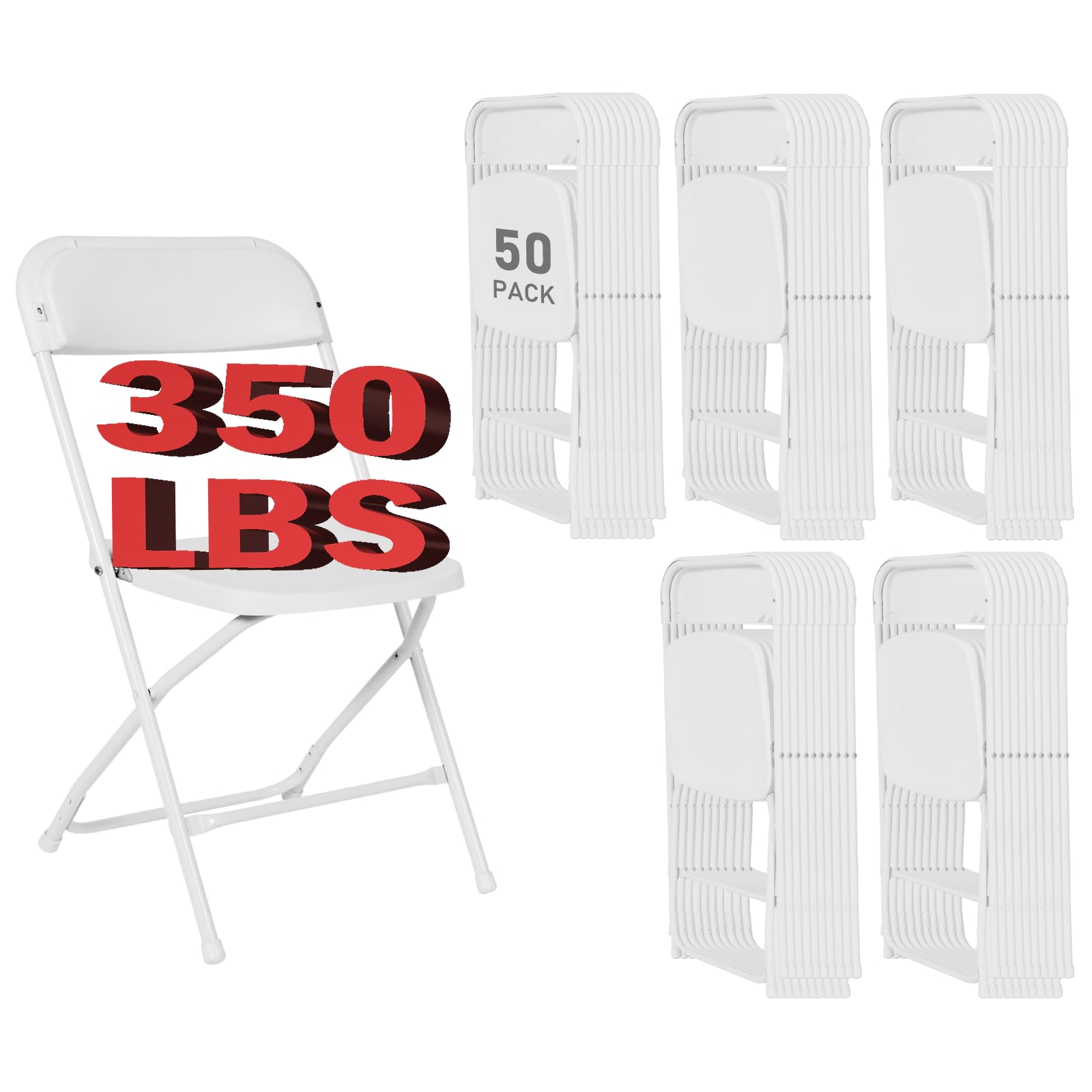 50 Pack White Folding Chairs, Plastic Folding Chair for Outside, Indoor Outdoor Portable Commercial Seat with Steel Frame, Foldable Chairs for Party