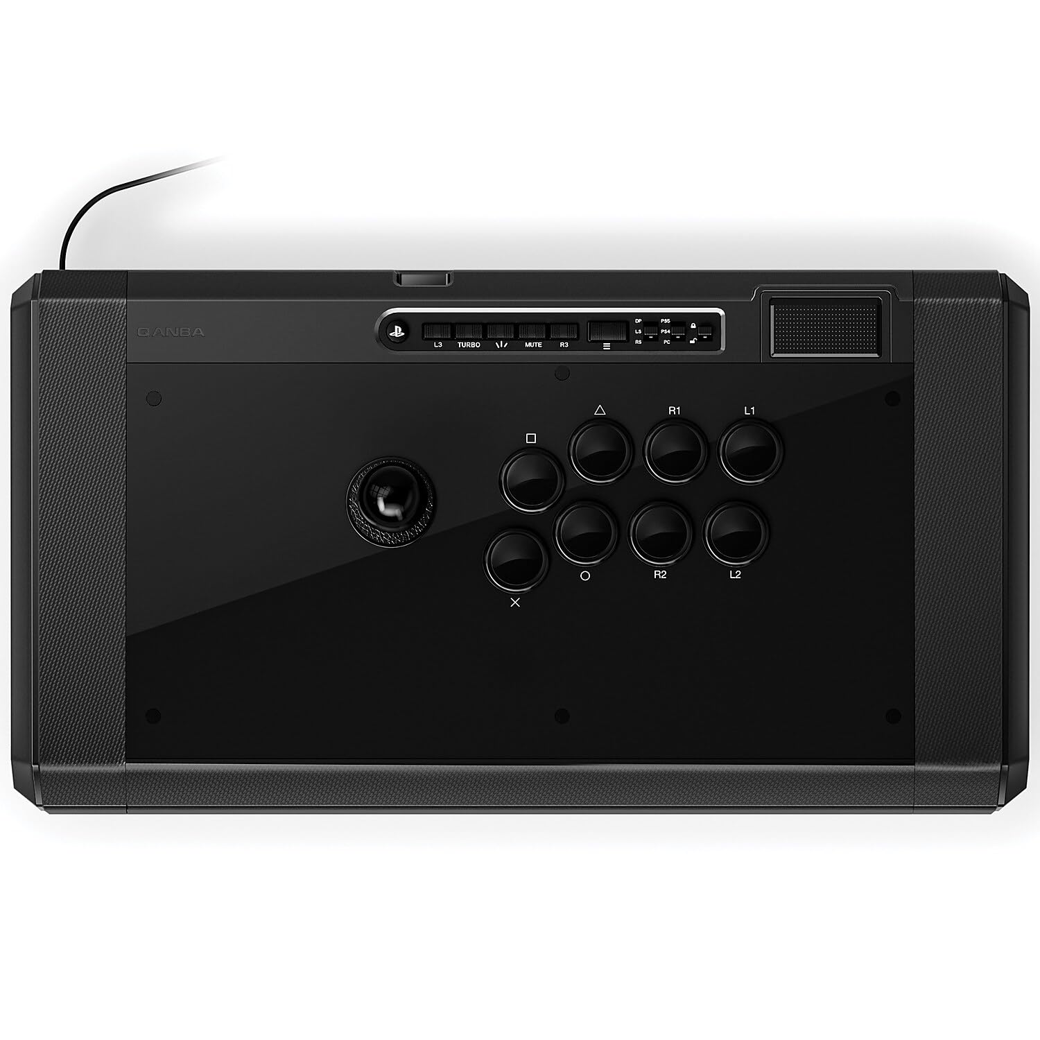 Shora dolů view of the Qanba Obsidian 2 joystick, clearly showing the control panel with all its buttons and switches.