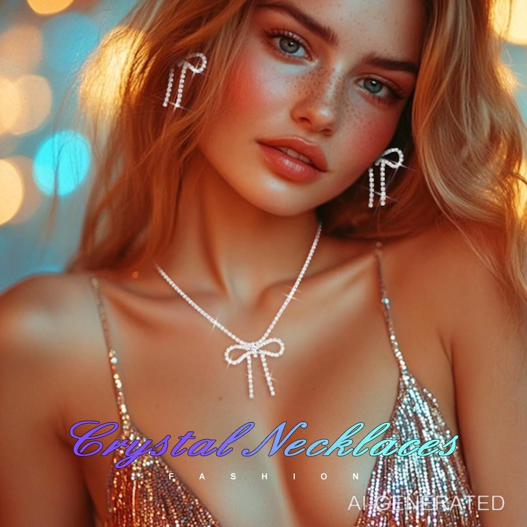 ACEDRE Rhinestone Bow Jewelry Set Bowknot Necklace Earrings Set for Women