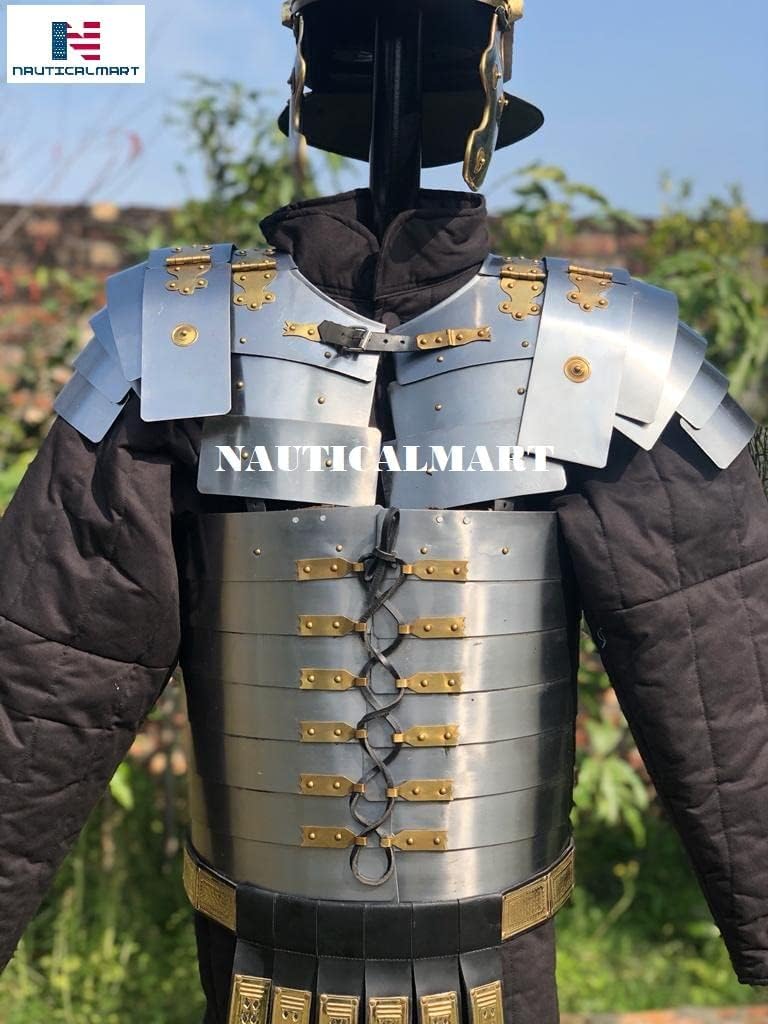 NauticalMart Lorica Segmentata Roman Soldier Body Armor Suit with attached Roman Cingulum Belt and Centurion Helmet