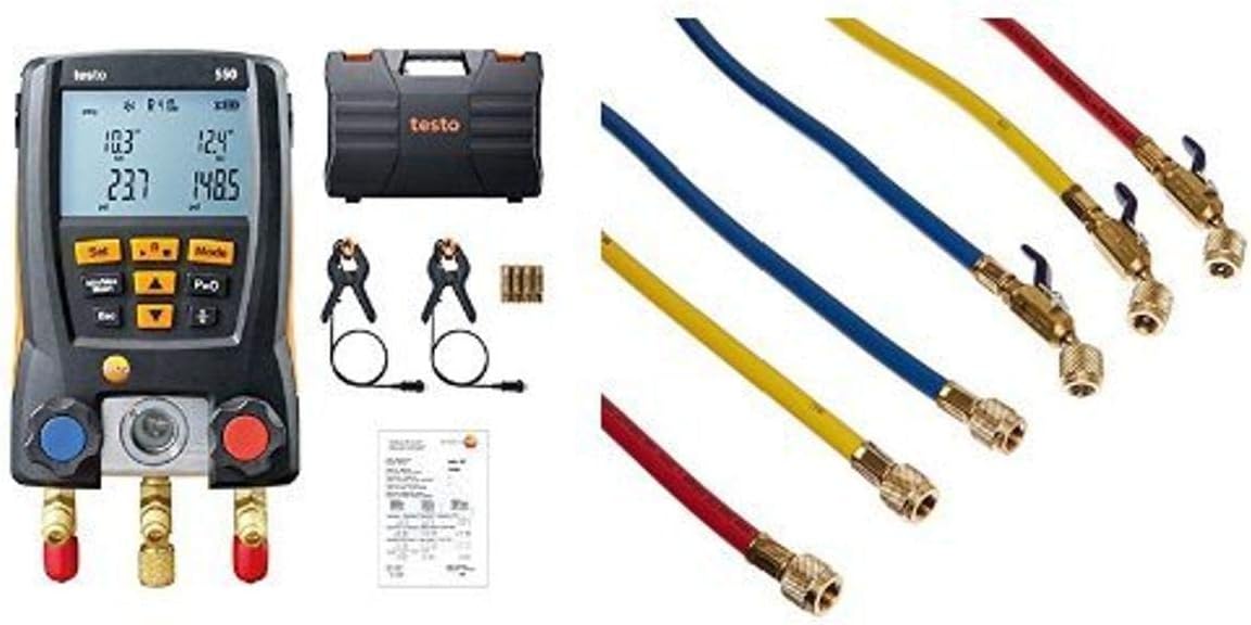 Testo 0563 1550 Digital Manifold Kit, Bluetooth Supported and Yellow Jacket 29985 Plus II 1/4" Hose with Compact Ball Valve, 60" (Pack of 3) bundle