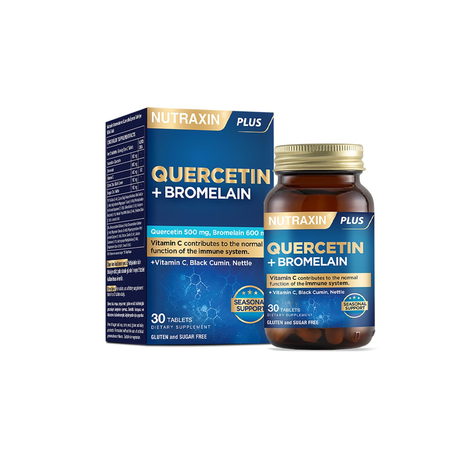 Nutraxin Quercetin + Bromelain 30 Tablet – C Vitamini, Çörek Otu ve Isırgan Otu İçerikli Bağışıklık Destekleyici Takviye